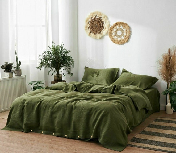 Olive Green Stonewashed Cotton Duvet, Warm Bed Covers
