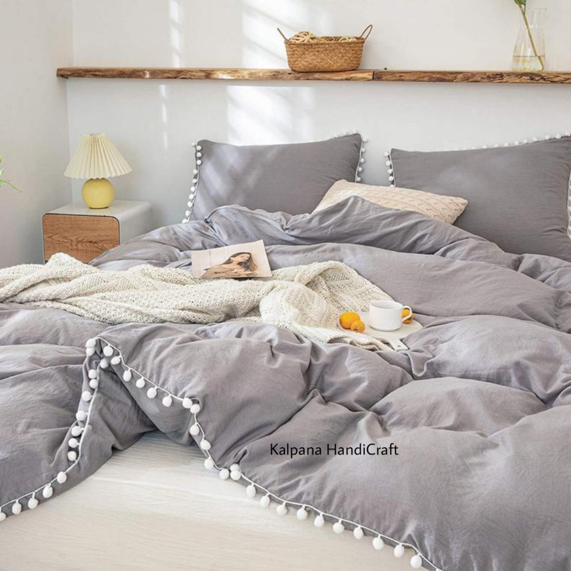 Grey White Pom Pom Duvet Cover 3 Pc Set Boho Duvet Cover Full Etsy