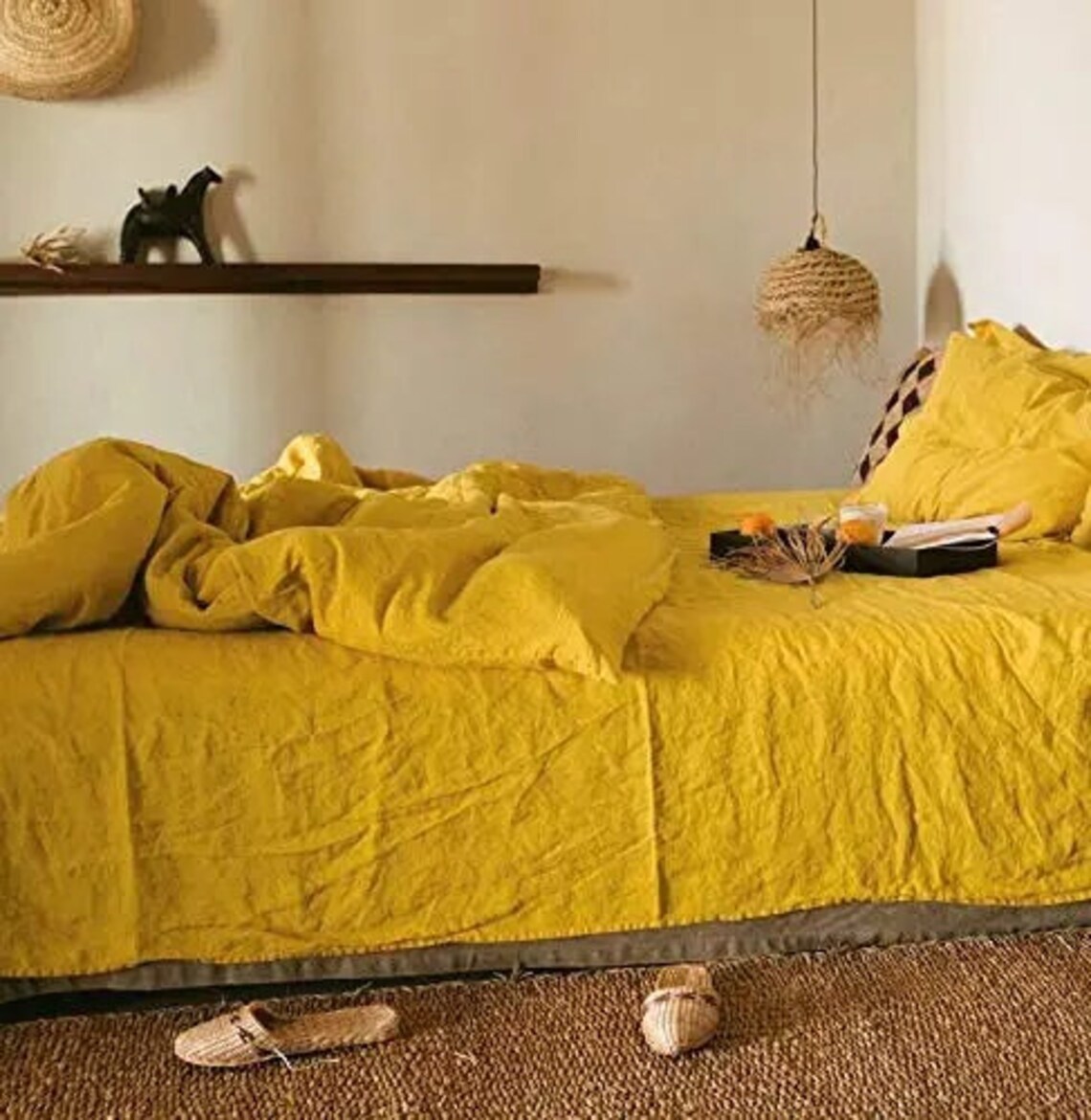 Mustard Yellow Linen Duvet Cover With Buttons Mustard Yellow Etsy