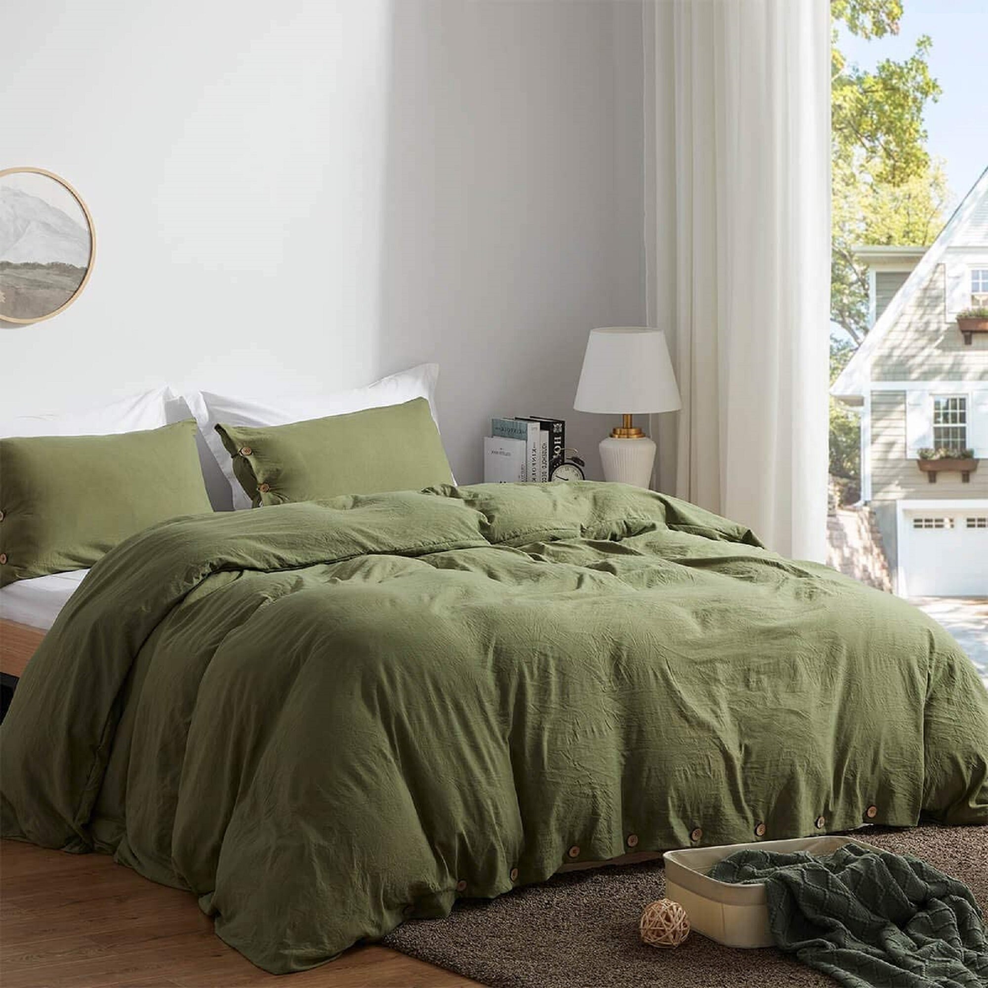 Olive Green Washed Queen Size Duvet Cover Set With Buttons Etsy