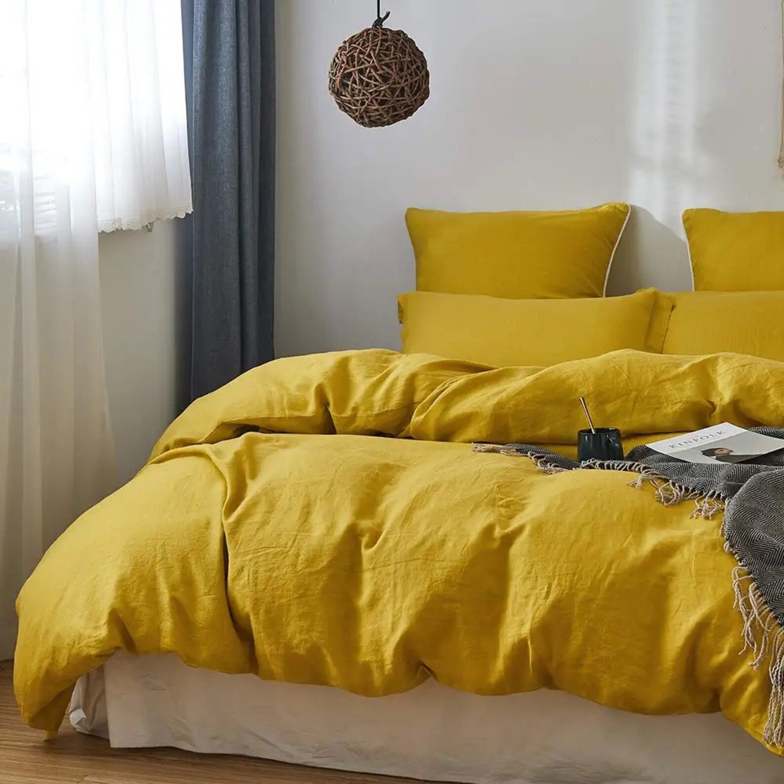Mustard Yellow Linen Duvet Cover With Buttons Mustard Yellow Etsy