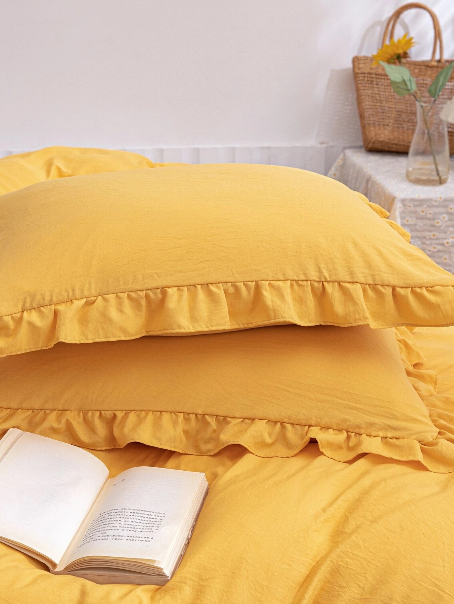 Mustard Yellow Ruffled Cotton Duvet Cover Yellow Bedding Set Etsy
