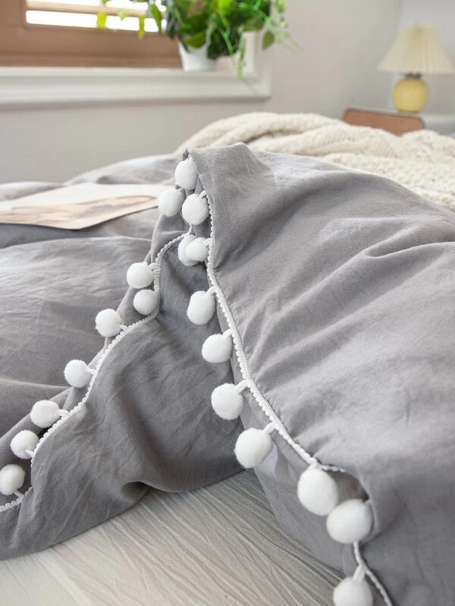 Grey Color With White Pom Pom Duvet Cover Queen Comforter Etsy
