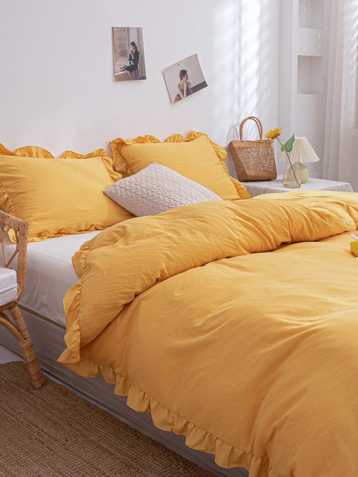 Mustard Yellow Ruffled Cotton Duvet Cover Yellow Bedding Set Etsy