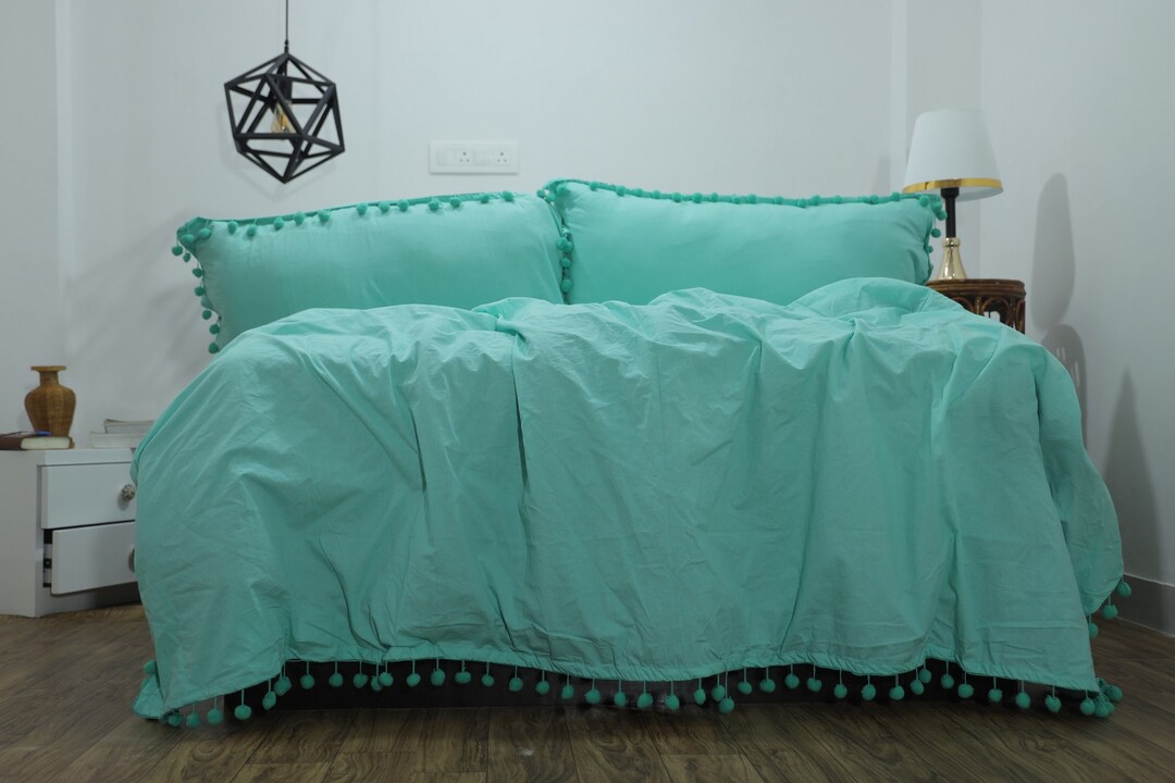 Turquoise Blue Washed Cotton Duvet Cover Set Ball Fringe Pattern Design