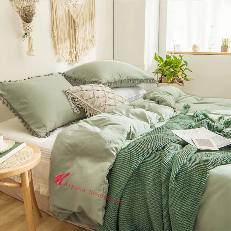 Sage Green Bedding Queen Tassel Fringed Duvet Cover Set Solid Etsy