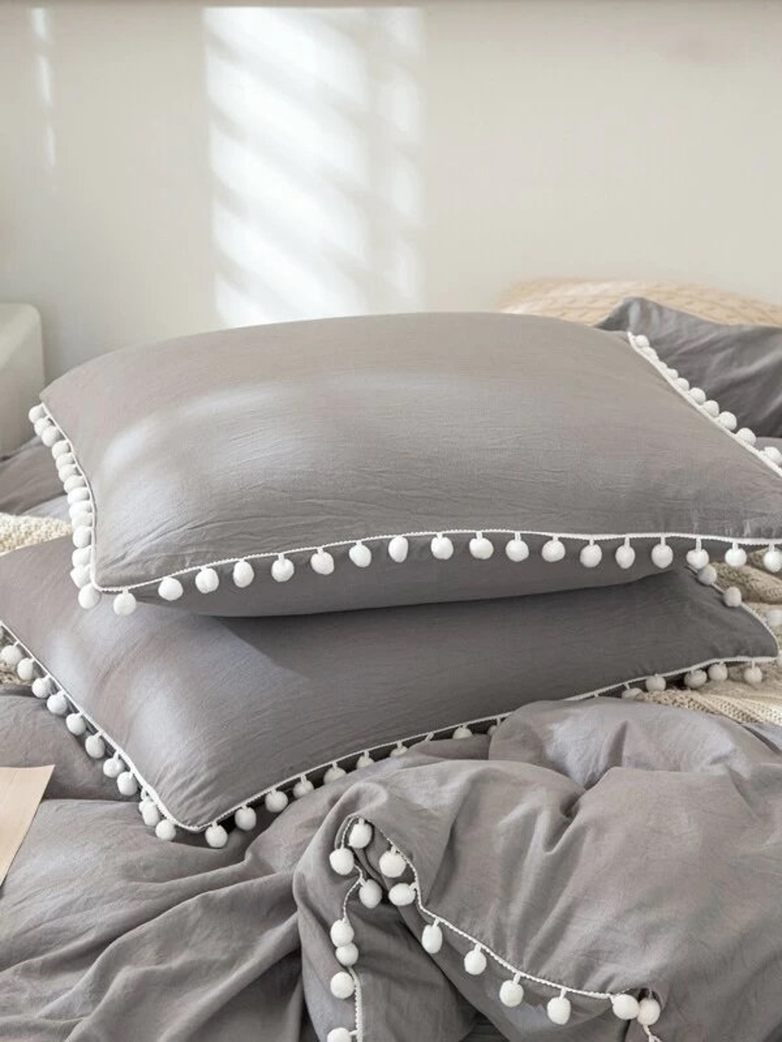 Grey Color With White Pom Pom Duvet Cover Queen Comforter Etsy