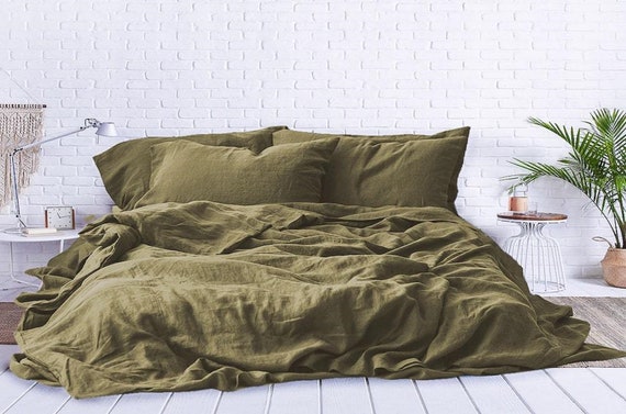 Linen Duvet Cover In Olive Green Washed, Us Queen Size Duvet Cover Dimensions