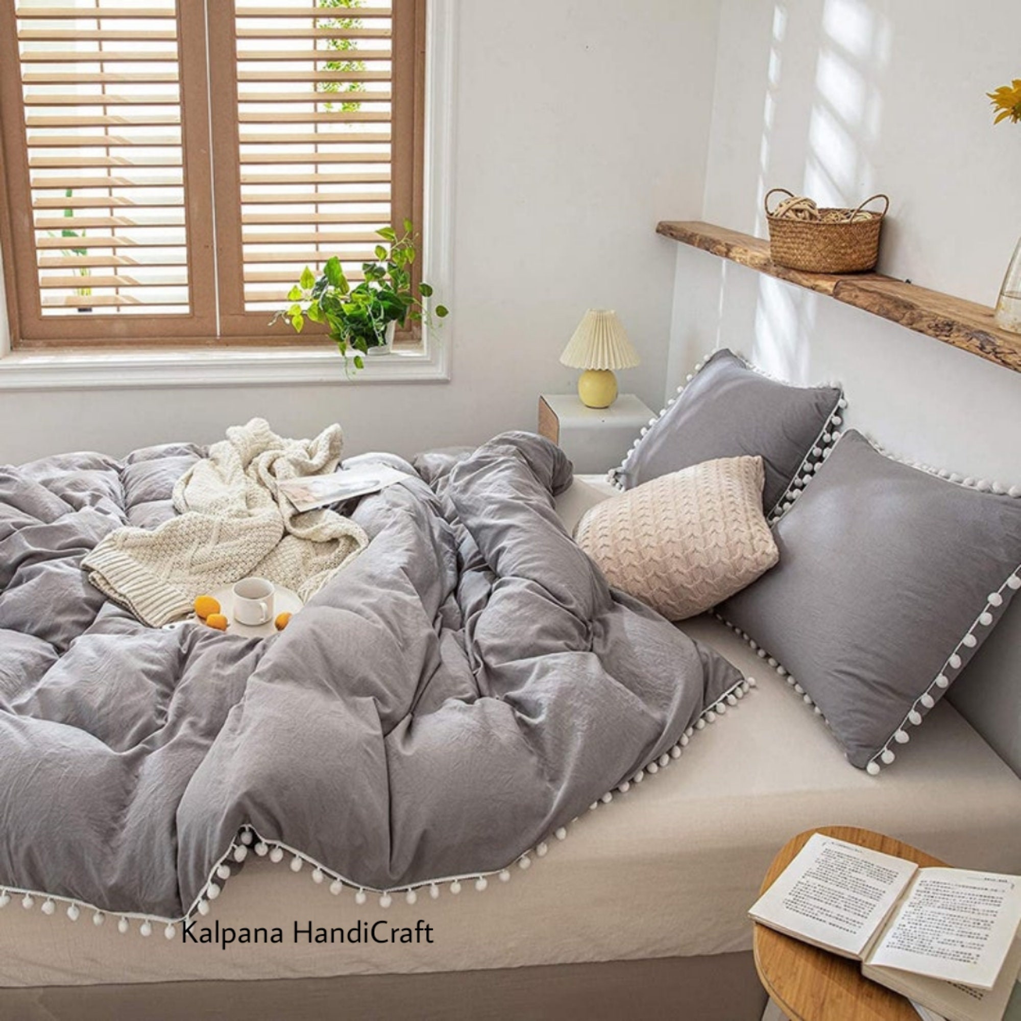 Grey White Pom Pom Duvet Cover 3 Pc Set Boho Duvet Cover Full Etsy