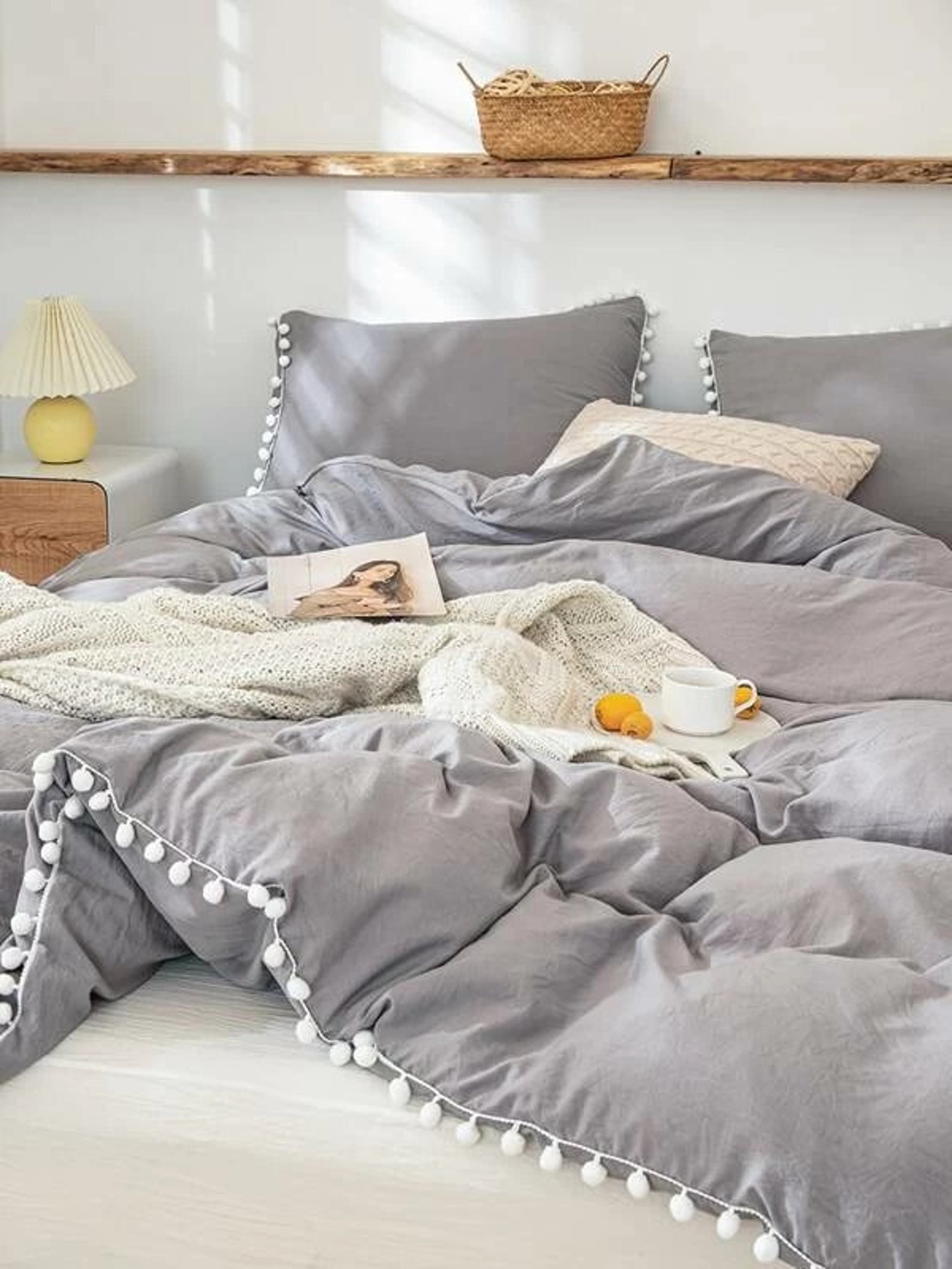 Grey Color With White Pom Pom Duvet Cover Queen Comforter Etsy