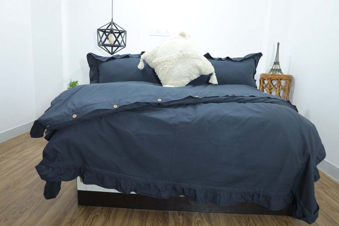 Ruffled Cotton Duvet Cover in Charcoal Grey Bedding Set Ruffle Etsy