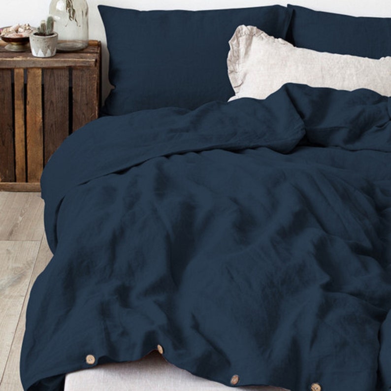 Blue Nuit Preshrunk Washed Linen Duvet Cover Soft Linen Etsy