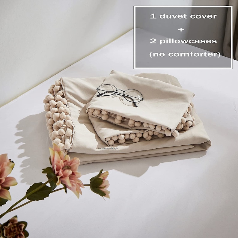 Beige Pom Poms Duvet Cover Queen Size3 Pcs 100 Cotton Boho Etsy