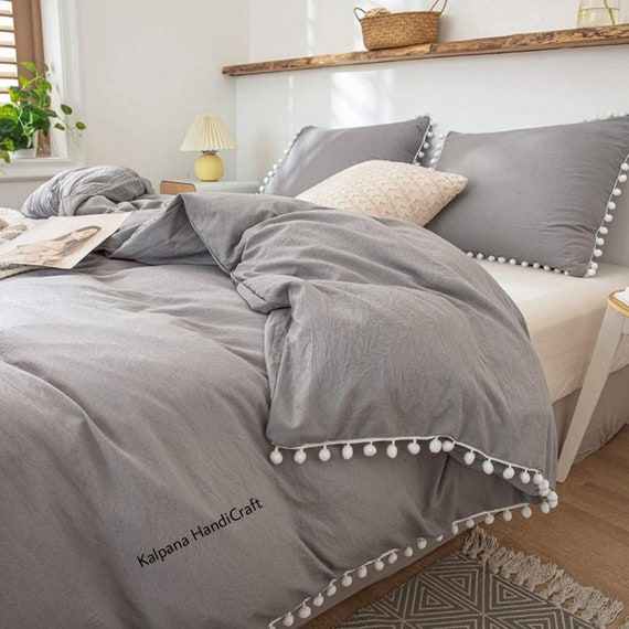 Grey White Pom Pom Duvet Cover 3 Pc Set 
