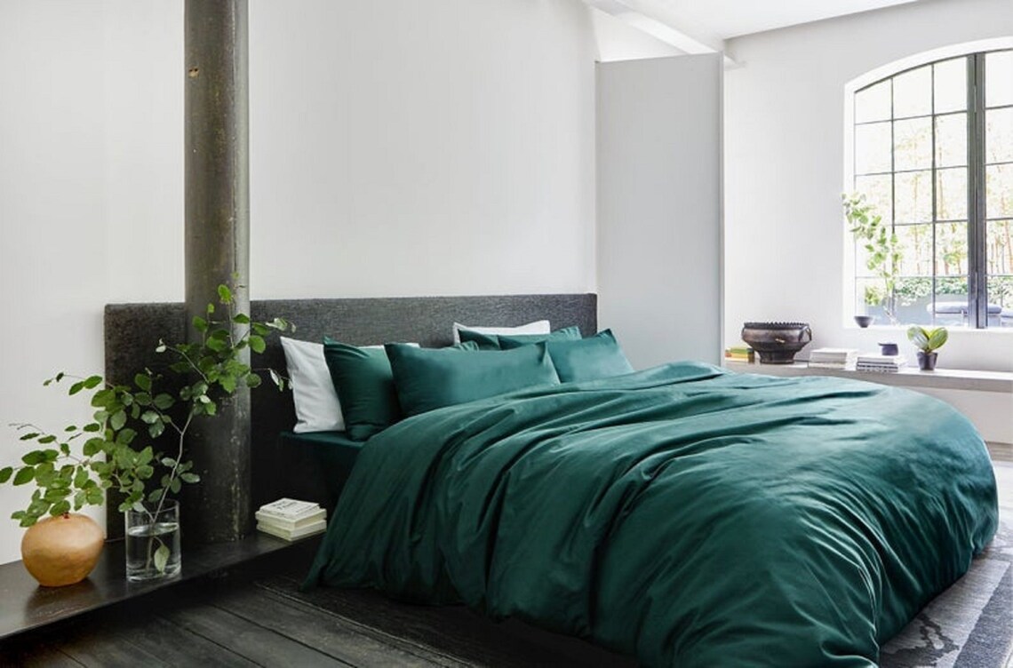 Dark Green Duvet Cover With Two Pillowcases Washed Cotton Etsy