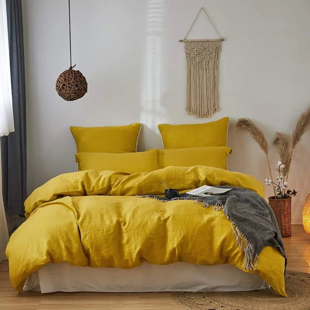Mustard Yellow Linen Duvet Cover With Buttons Mustard Yellow Etsy