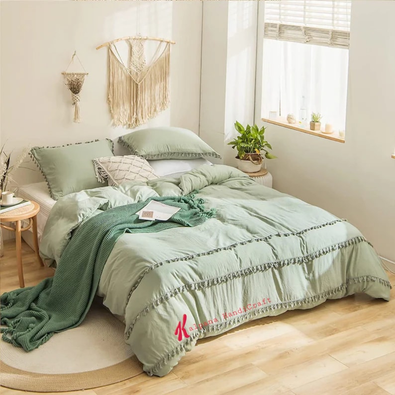 Sage Green Bedding Queen Tassel Fringed Duvet Cover Set Solid Etsy