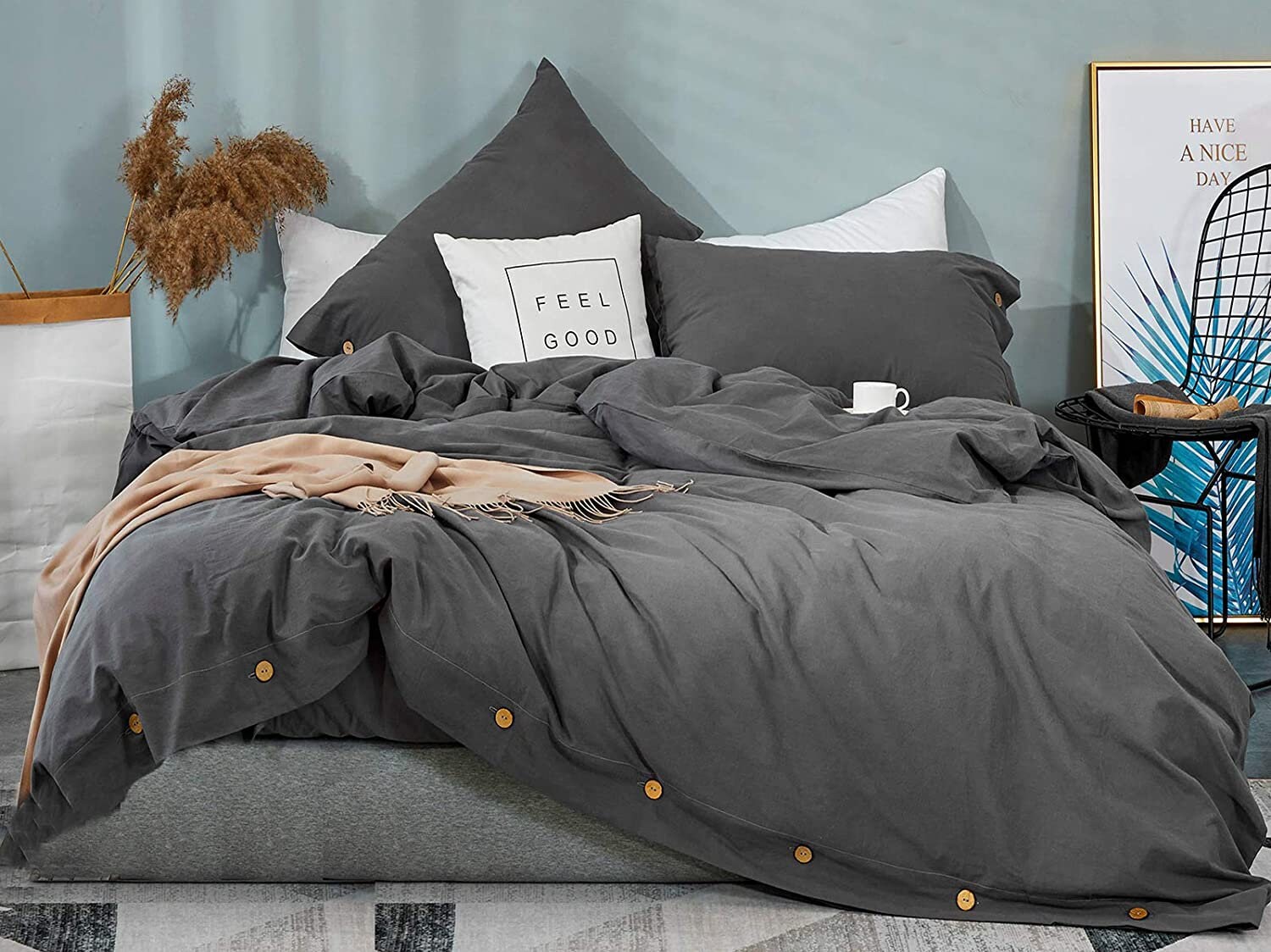 Dark Grey Washed Cotton Duvet Cover Set, Charcoal Grey Duvet Cover Queen