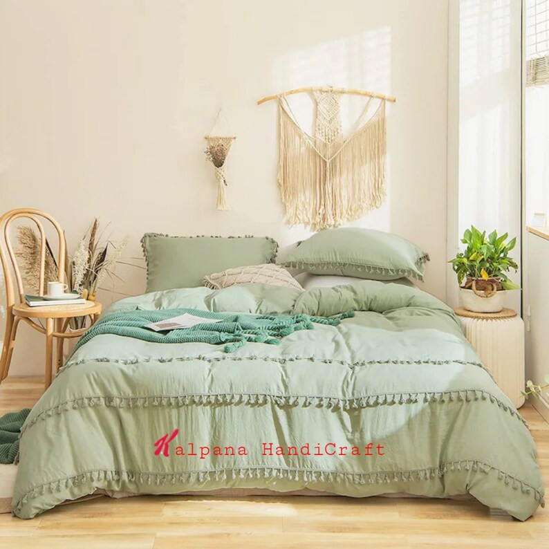 Sage Green Bedding Queen Tassel Fringed Duvet Cover Set Solid Etsy
