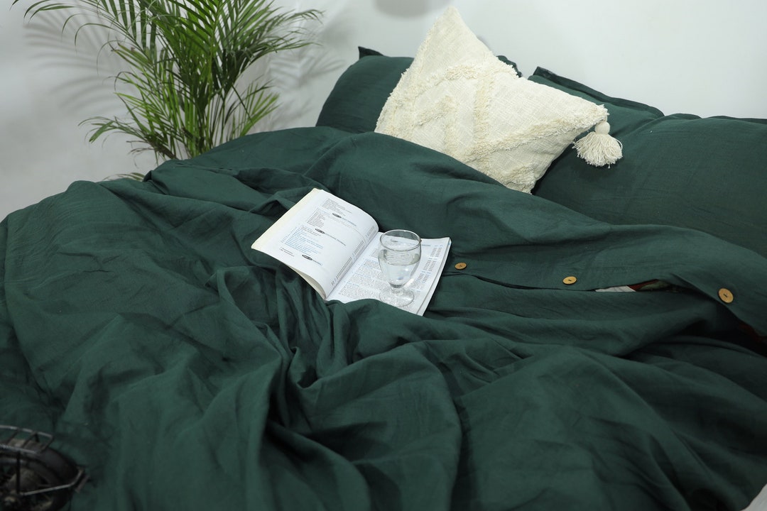 Forest Green Linen Duvet Cover / Green Linen Bedding Set in Etsy