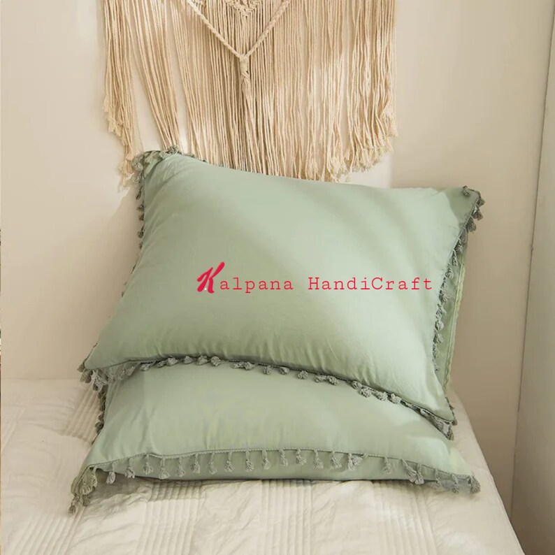 Sage Green Bedding Queen Tassel Fringed Duvet Cover Set Solid Etsy