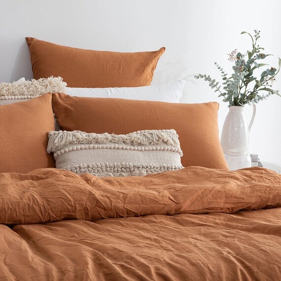 Linen duvet cover in cinnamon rust color Washed linen bedding Duvet Cover With Buttons Linen Bedding Set of Duvet Cover & 2 Pillowcases