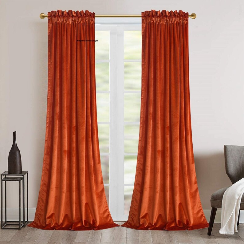 Set of 2 Burnt Orange Velvet Curtains Blackout Custom Drapes Etsy