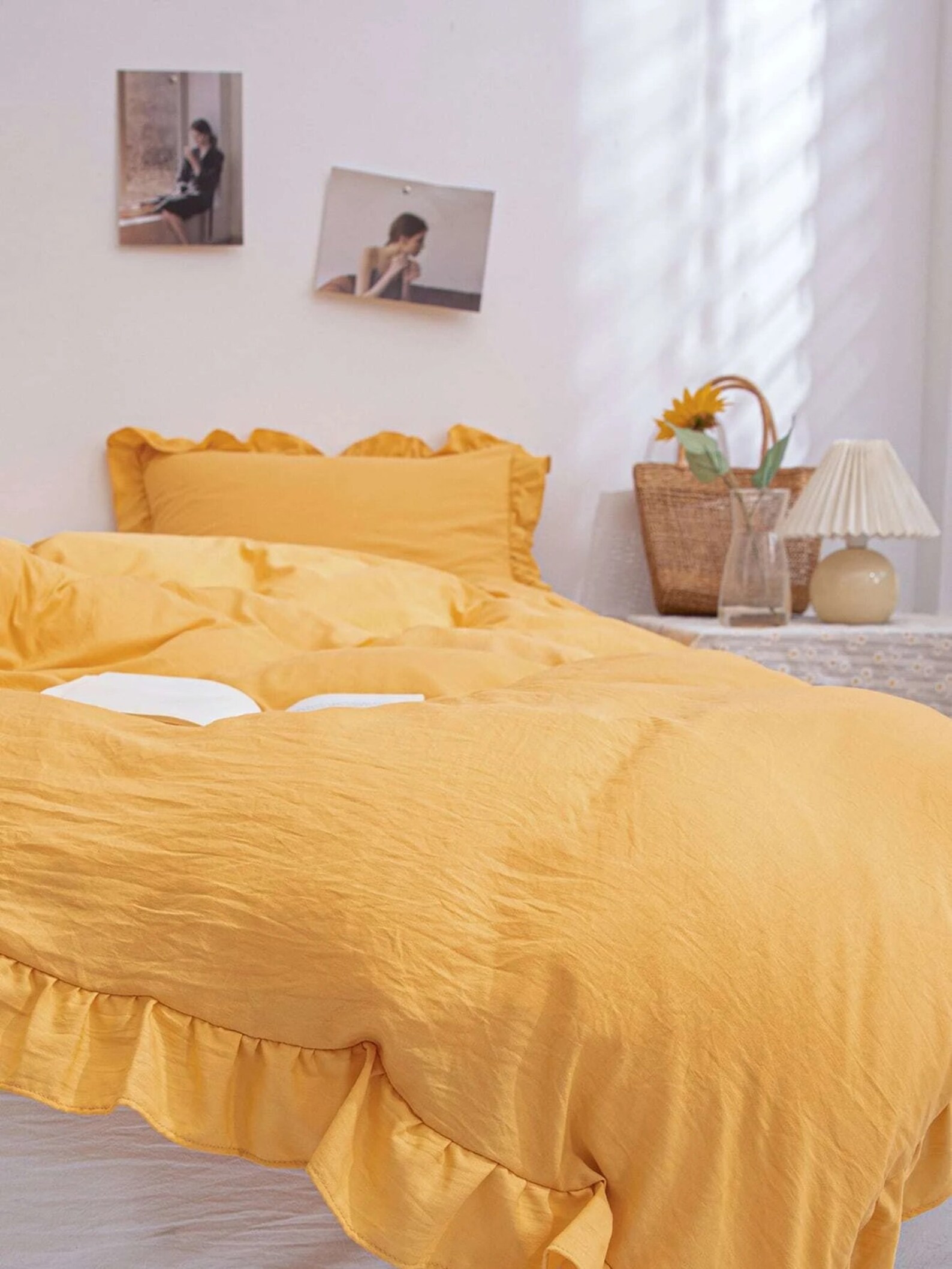 Mustard Yellow Ruffled Cotton Duvet Cover Yellow Bedding Set Etsy UK