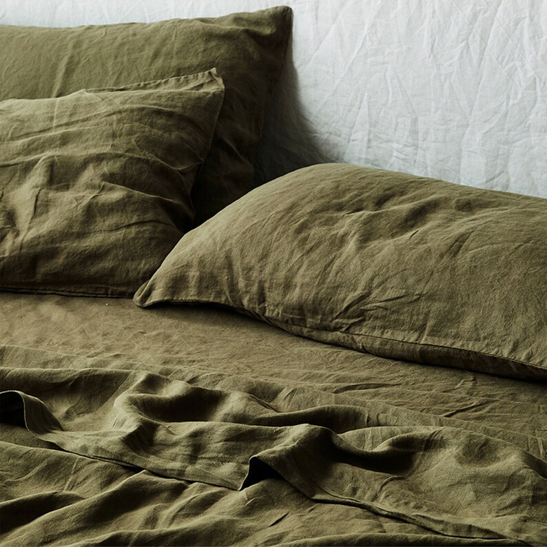 Organics Cotton & Linen Olive Green Sheet Set With Pillow Etsy