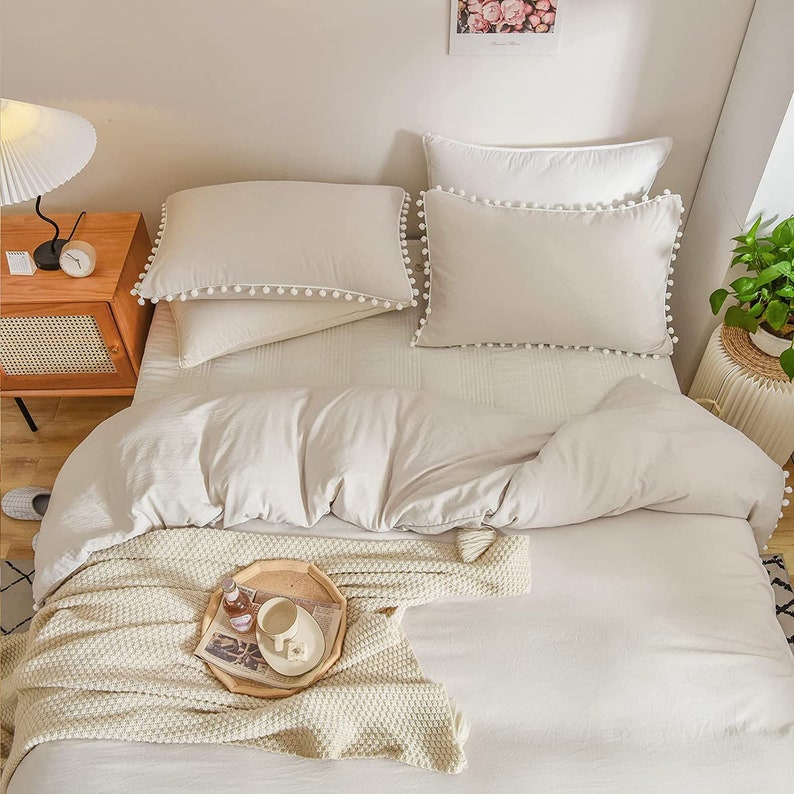 Beige With White Pom Pom Duvet Cover Twin Queen King Boho Etsy