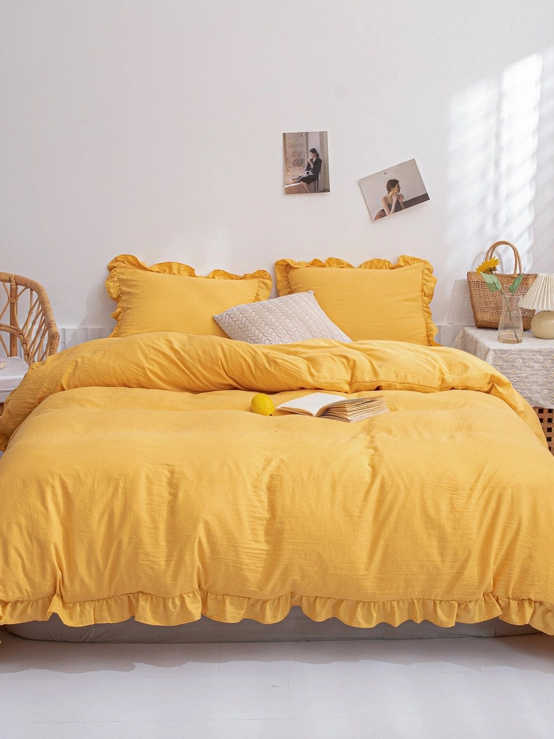 Mustard Yellow Ruffled Cotton Duvet Cover Yellow Bedding Set Etsy