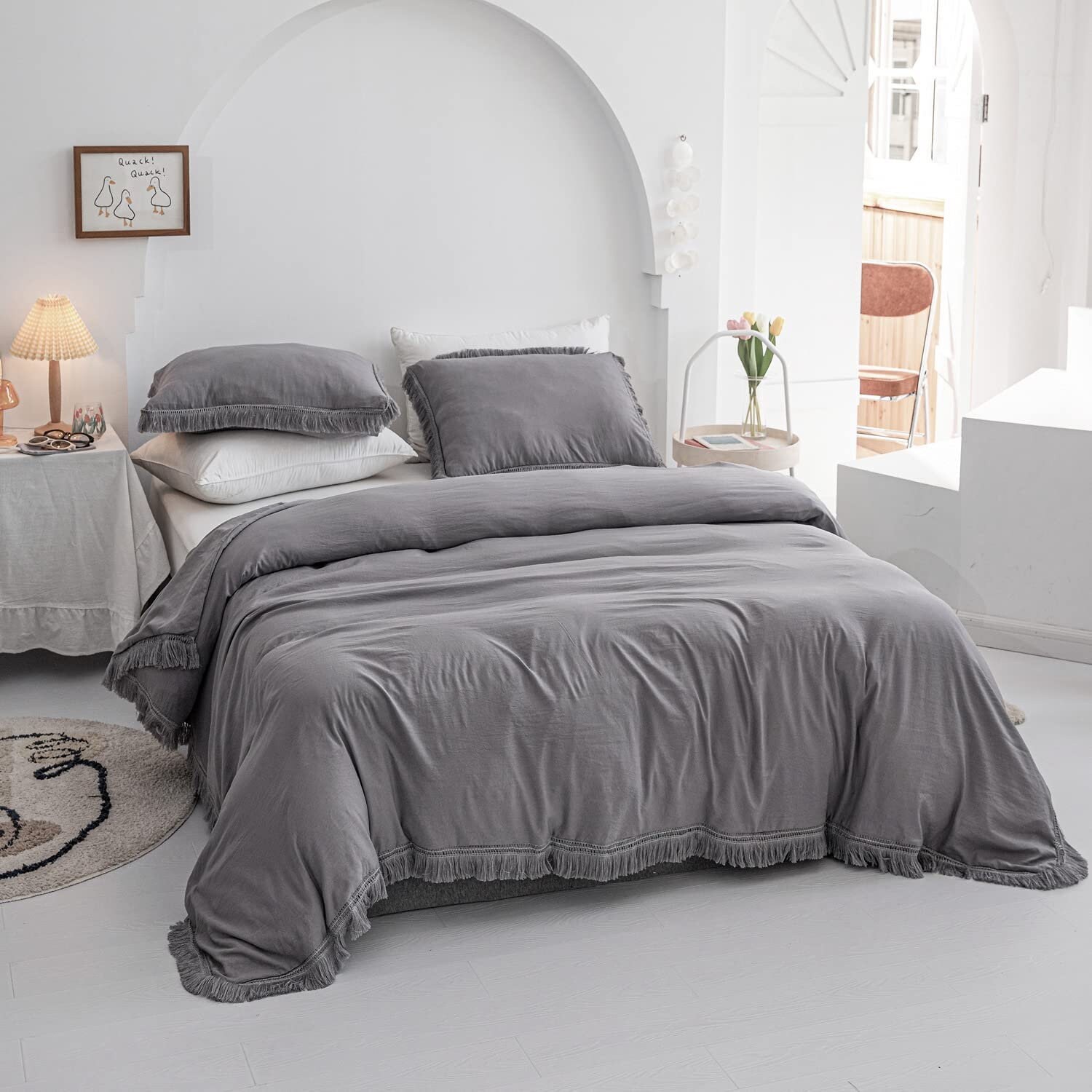 Boho Grey Fringe Tufted Soft Tassel Duvet Cover Set Bohemian Etsy