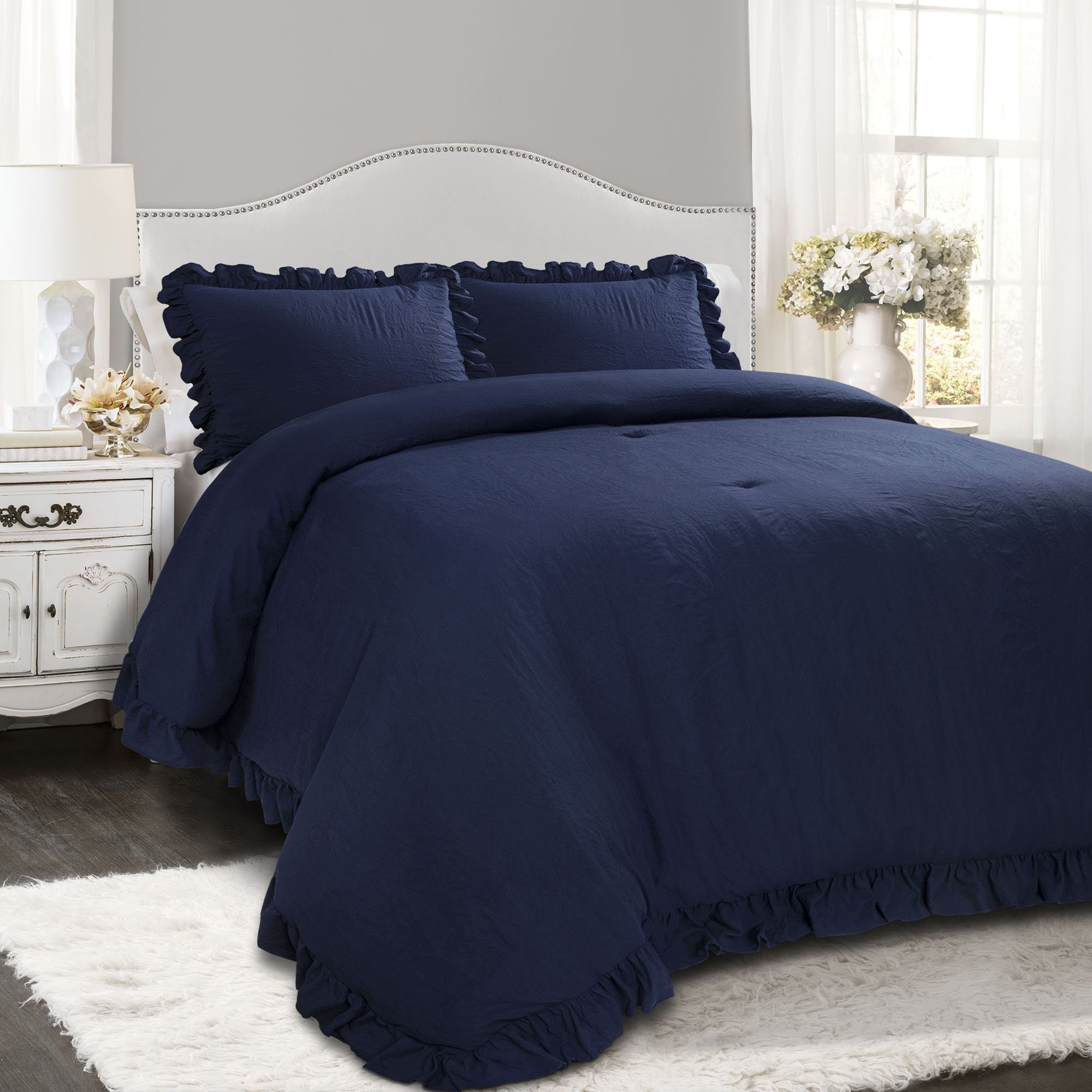 3 Pcs Ruffled Cotton Duvet Cover in Navy Blue Bedding Set Etsy UK