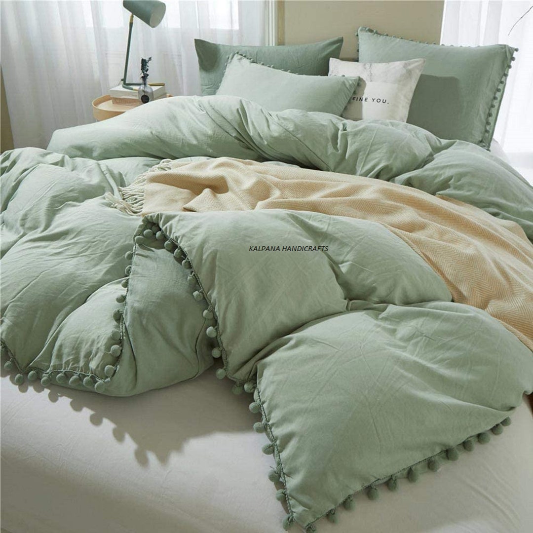 Sage Green Color Pom Pom Duvet Cover Queen Size 3piece Boho Etsy