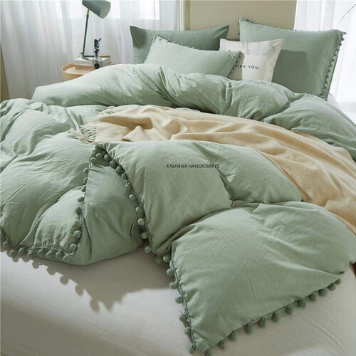 Sage Green Color Pom Pom Duvet Cover Queen Size 3piece Boho Etsy