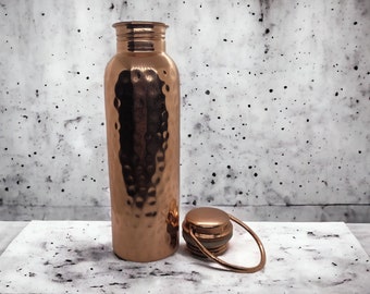 Small Size 100% Pure Copper Hammered Water Bottle with Handle for Yoga / Ayurveda Good Health Benefits 500 ml Leak Proof, Hand Crafted