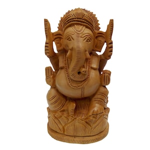 Statue de Ganesh en bois sculpté à la main : Idole du dieu hindou de 5 po.