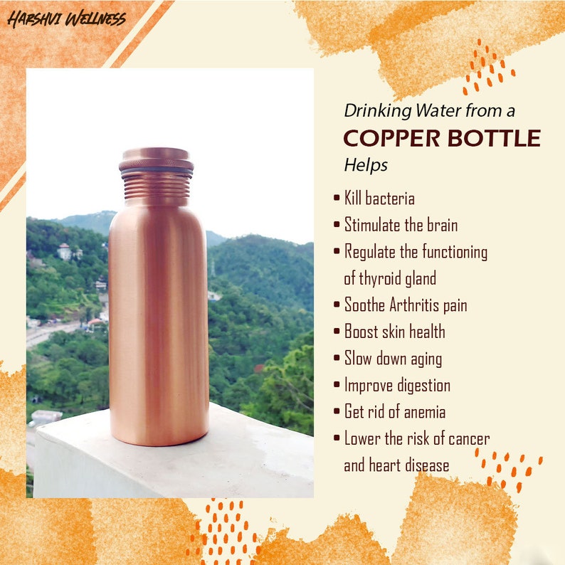 May include: A cylindrical copper water bottle with a smooth finish and a ribbed screw-top lid. The text on the image reads: HARSHVI WELLNESS, Drinking Water from a COPPER BOTTLE Helps, Kill bacteria, Stimulate the brain, Regulate the functioning of thyroid gland, Soothe Arthritis pain, Boost skin health, Slow down aging, Improve digestion, Get rid of anemia, Lower the risk of cancer and heart disease.