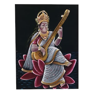 Hand Painted Saraswati Goddess of Music & Knowledge Art Handmade Hindu Hindhuism God Ethnic Canvas Painting Wall Hanging Home Decor India