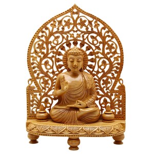 Wooden Buddha Statue 8&quot;, 10&quot; Inches Sitting Meditating on Throne Hand Carved Buddhist God Figures, Gautam idol, Handmade Buddhism Sculpture