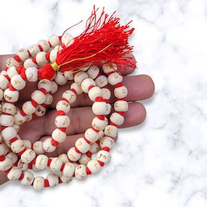 Embossed Tulsi Japa Mala: 8mm Holy Basil Beads, Hinduism Prayer Beads