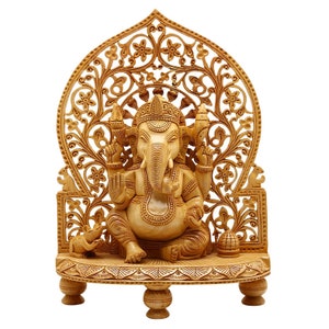 Wooden Ganesha Statue 8", 10" Inches Sitting on Throne Hand Carved Hindu Elephant God Figures, Ganpati idol, Handmade Ganesh Sculpture
