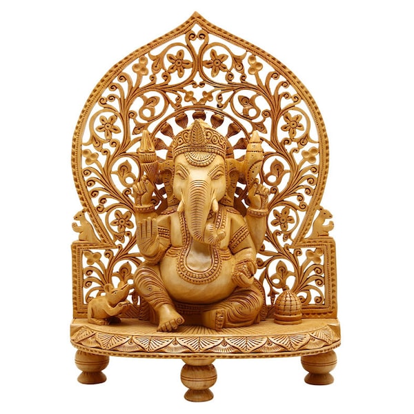 Wooden Ganesha Statue 8", 10" Inches Sitting on Throne Hand Carved Hindu Elephant God Figures, Ganpati idol, Handmade Ganesh Sculpture