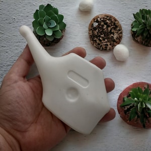 Puede incluir: Bote de cerámica blanca para lavado nasal con un pico largo. El bote se sostiene en una mano sobre un fondo blanco con pequeñas suculentas en macetas.