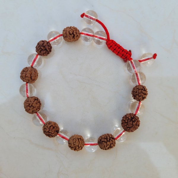 Rudraksha and Sphatik Crystal Bracelet | Adjustable | Shiva Panchamukhi Religious Beads Friendship Band Gift