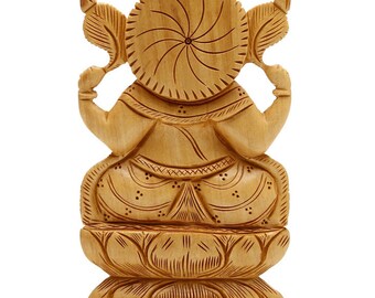 手彫りの木製ガネーシャ像：蓮華座に座るヒンドゥー教の象神 6インチ