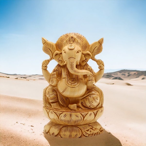 Wooden Ganesha Statue 6" Inches Hand Carved Hindu God Figures, Ganesh Sitting on Lotus idol, Indian Elephant God, Handmade Ganpati Sculpture