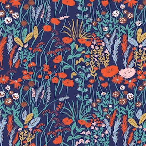 May include: A vibrant floral pattern featuring a dense arrangement of stylized flowers and foliage. The design showcases a rich color palette of orange, teal, yellow, and white against a deep navy blue background. The illustration style is reminiscent of a hand-painted aesthetic.