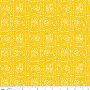 May include: Yellow fabric with a repeating pattern of white circles. Each circle contains a white line drawing of a farmhouse with the text "I believe in the future of agriculture" and "FFA" around the image.