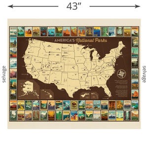 May include: A beige and brown map of the United States, labeled "America's National Parks." The map is 43 inches wide and features illustrations of national park scenes around the border. The map includes a compass rose.